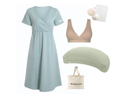 Sada pro pohodlné začátky kojení Dots mintová & Olive s podprsenkou Nuuma Nude.