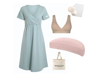 Sada pro pohodlné začátky kojení Dots mintová & Pastel růžová s podprsenkou Nuuma Nude.