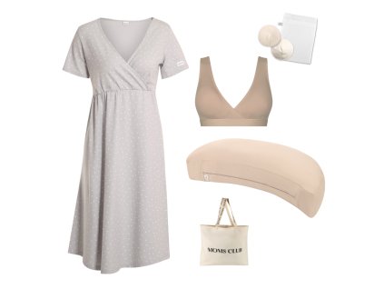 Sada pro pohodlné začátky kojení Dots šedá & Pastel béžová s podprsenkou Nuuma Nude