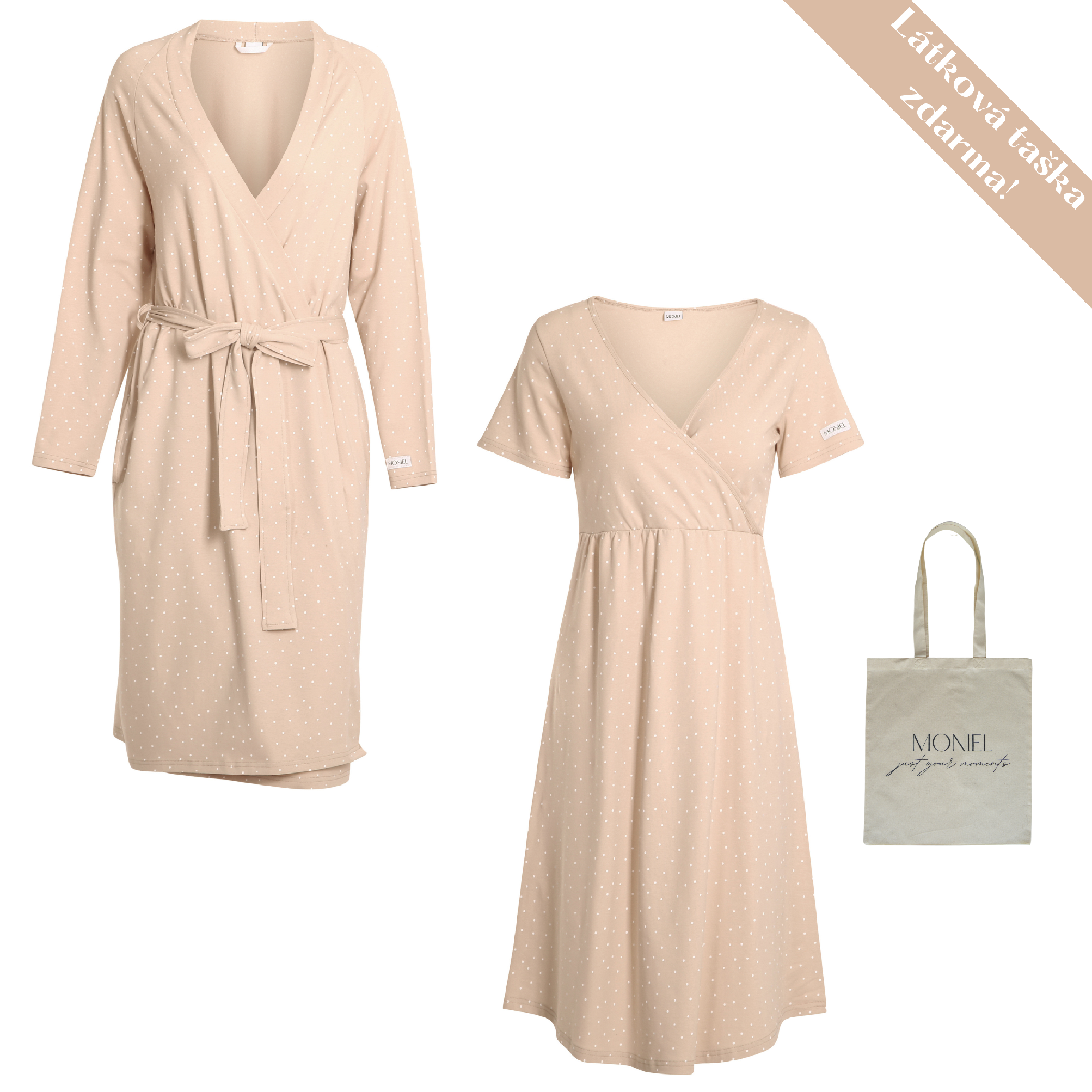 + dárek zdarma | Moniel košilka + župan souprava do porodnice pro maminku vel. M Dots béžová