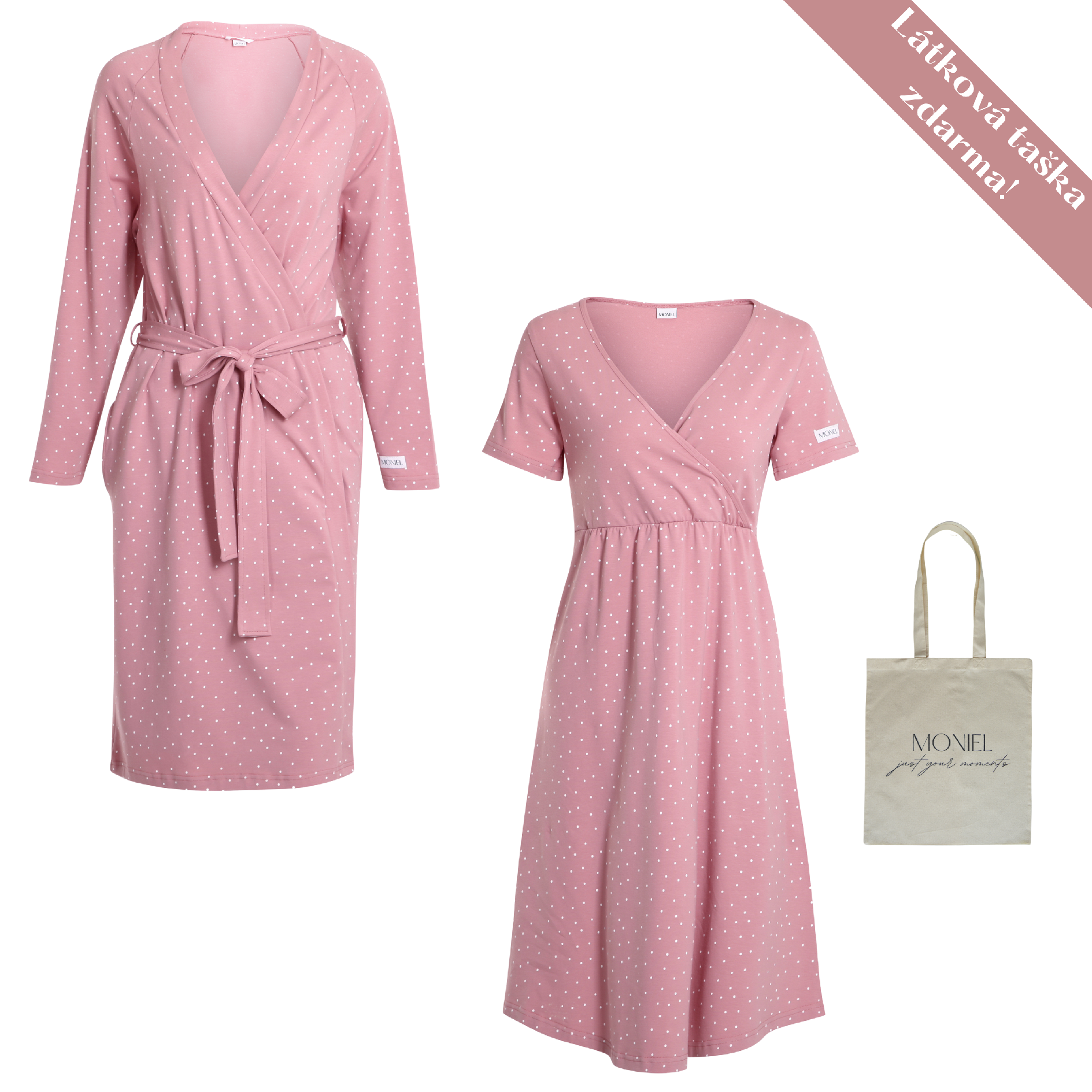 + dárek zdarma | Moniel košilka + župan souprava do porodnice pro maminku vel. XXL Dots růžová