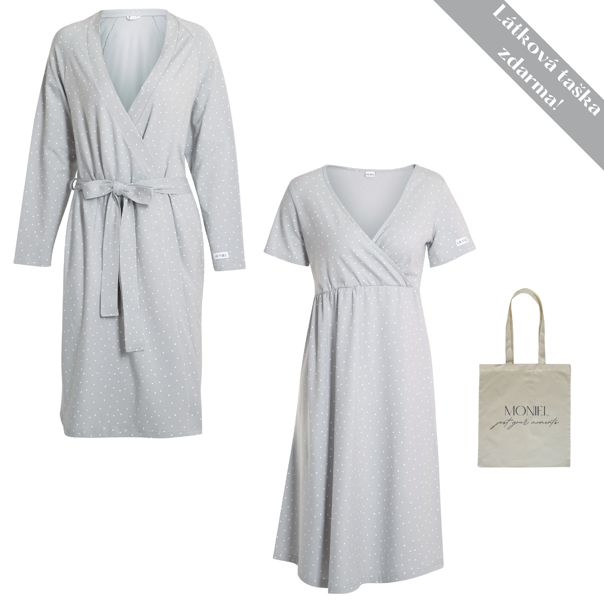 + dárek zdarma | Moniel košilka + župan souprava do porodnice pro maminku vel. M Dots šedá