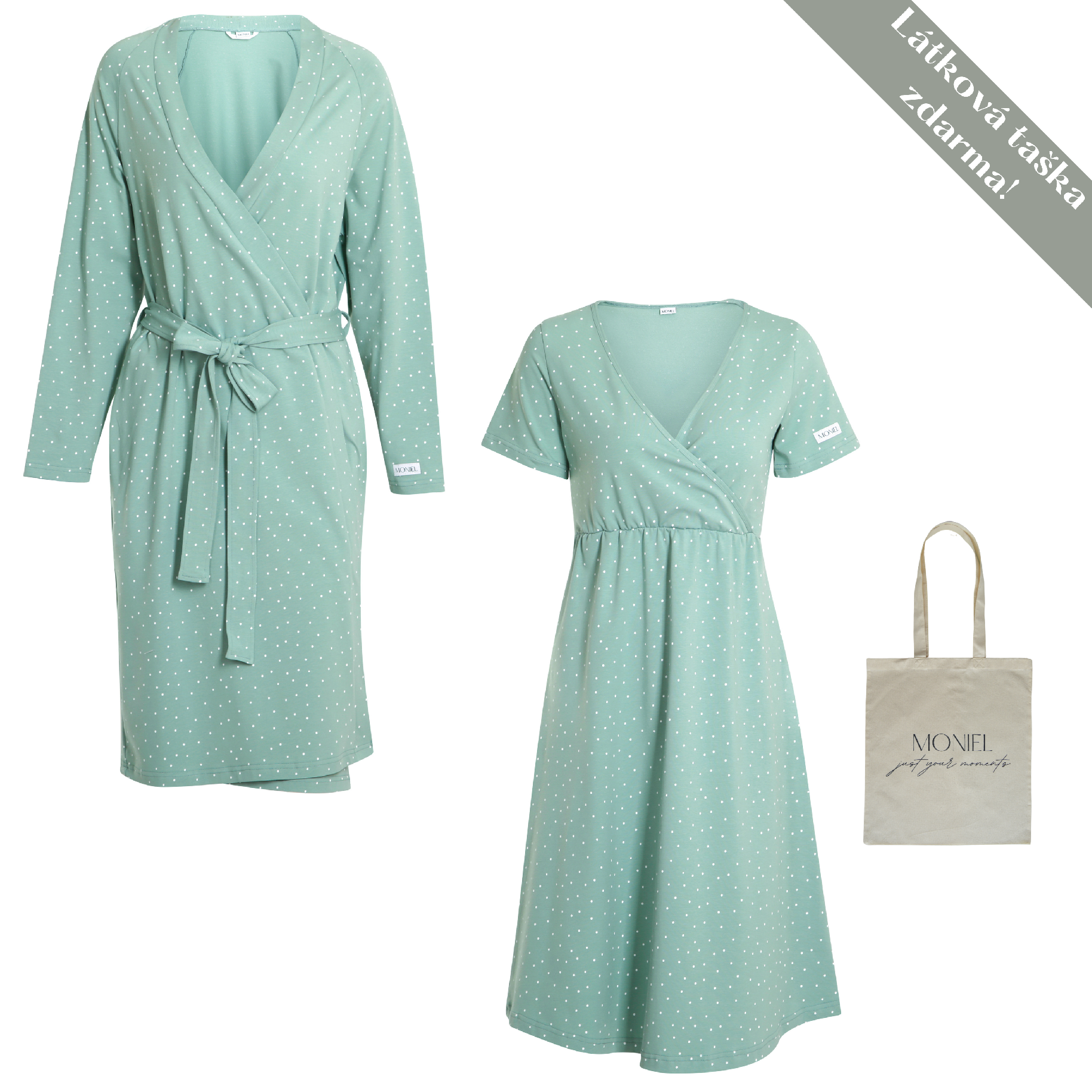 + dárek zdarma | Moniel košilka + župan souprava do porodnice pro maminku vel. M Dots mintová