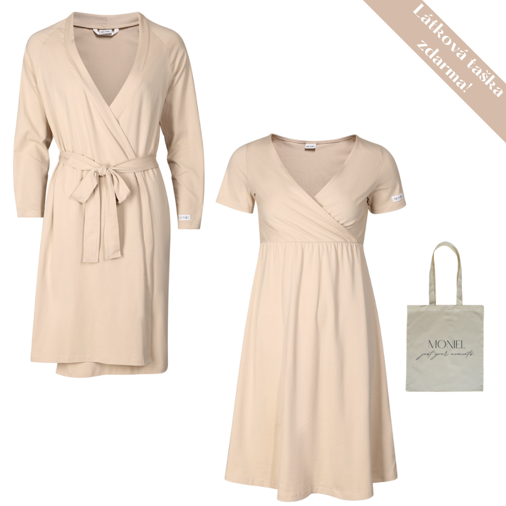+ dárek zdarma | Moniel košilka + župan souprava do porodnice pro maminku Pastel béžová košilka vel. XL