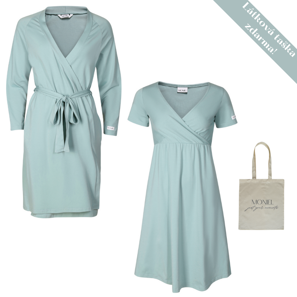 + dárek zdarma | Moniel košilka + župan souprava do porodnice pro maminku Pastel mintová košilka vel. L