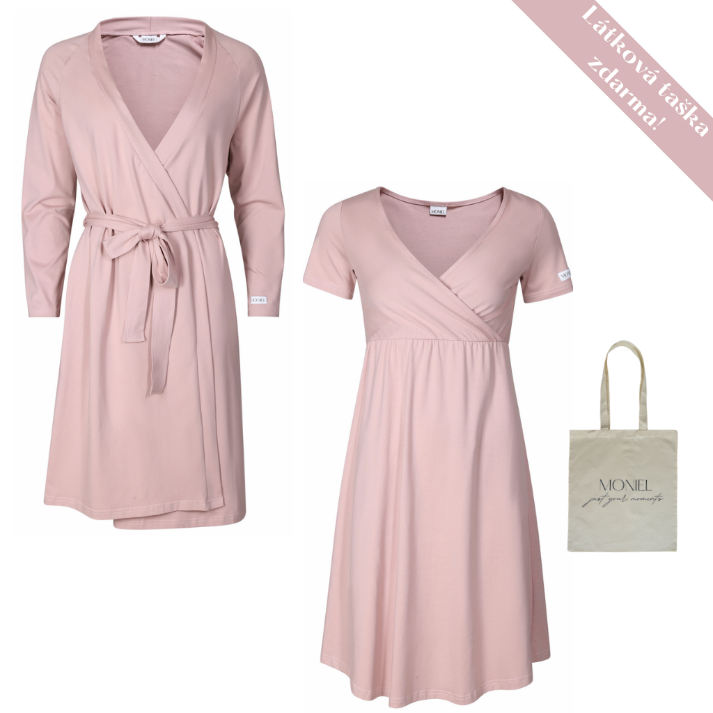 + dárek zdarma | Moniel košilka + župan souprava do porodnice pro maminku Pastel růžová košilka vel. M