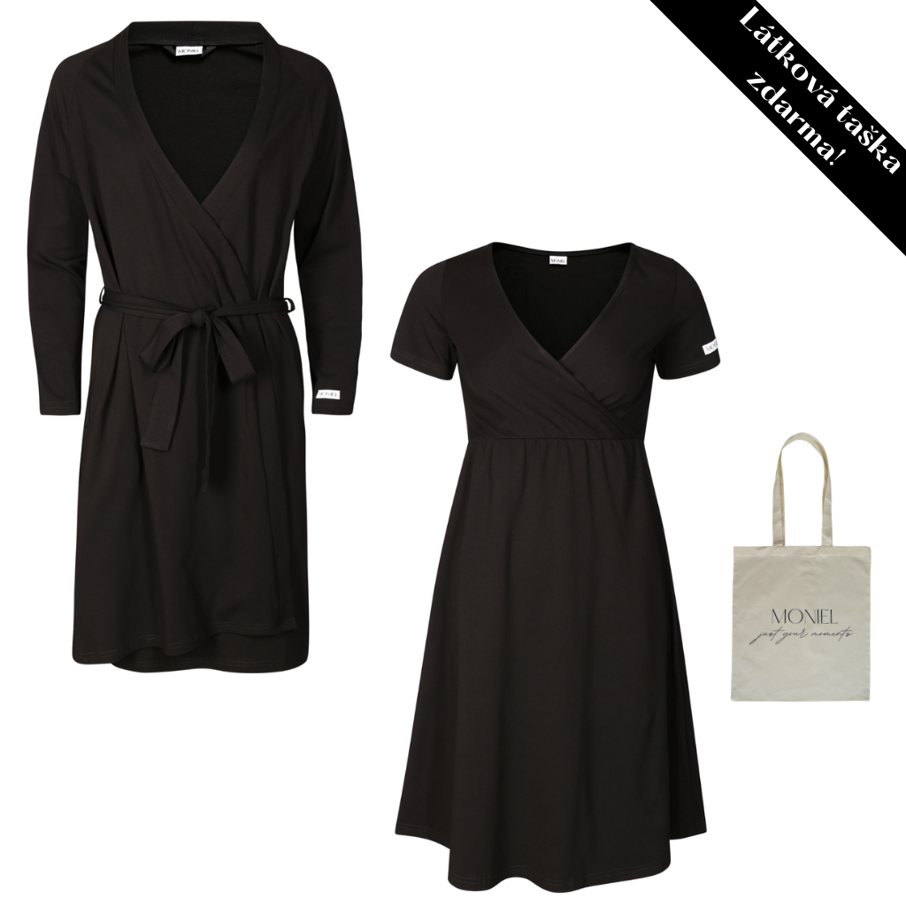 + dárek zdarma | Moniel košilka + župan souprava do porodnice pro maminku All Black černá košilka vel. M