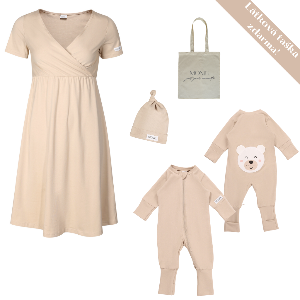 + dárek zdarma | Moniel souprava do porodnice košilka + overal s čepičkou pro miminko Pastel béžová košilka vel. M
