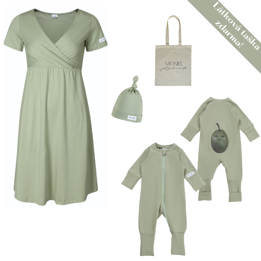 + dárek zdarma | Moniel souprava do porodnice košilka + overal s čepičkou pro miminko Olive olivová košilka vel. M