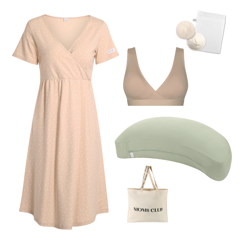 + dárek zdarma | Moniel Sada pro pohodlné začátky kojení Dots béžová & Olive s podprsenkou Nuuma Nude, oblečení vel. M