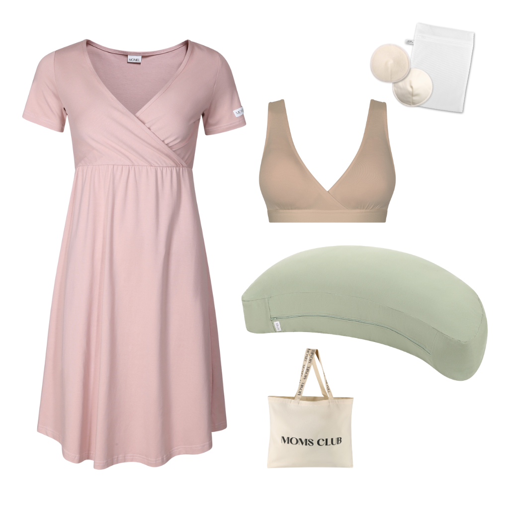 + dárek zdarma | Moniel Sada pro pohodlné začátky kojení Pastel růžová & Olive s podprsenkou Nuuma Nude, oblečení vel. XXL