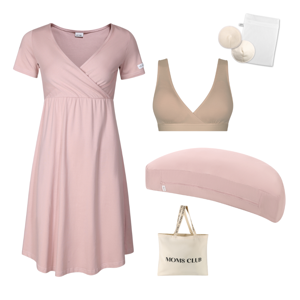 + dárek zdarma | Moniel Sada pro pohodlné začátky kojení Pastel růžová s podprsenkou Nuuma Nude, oblečení vel. XXL