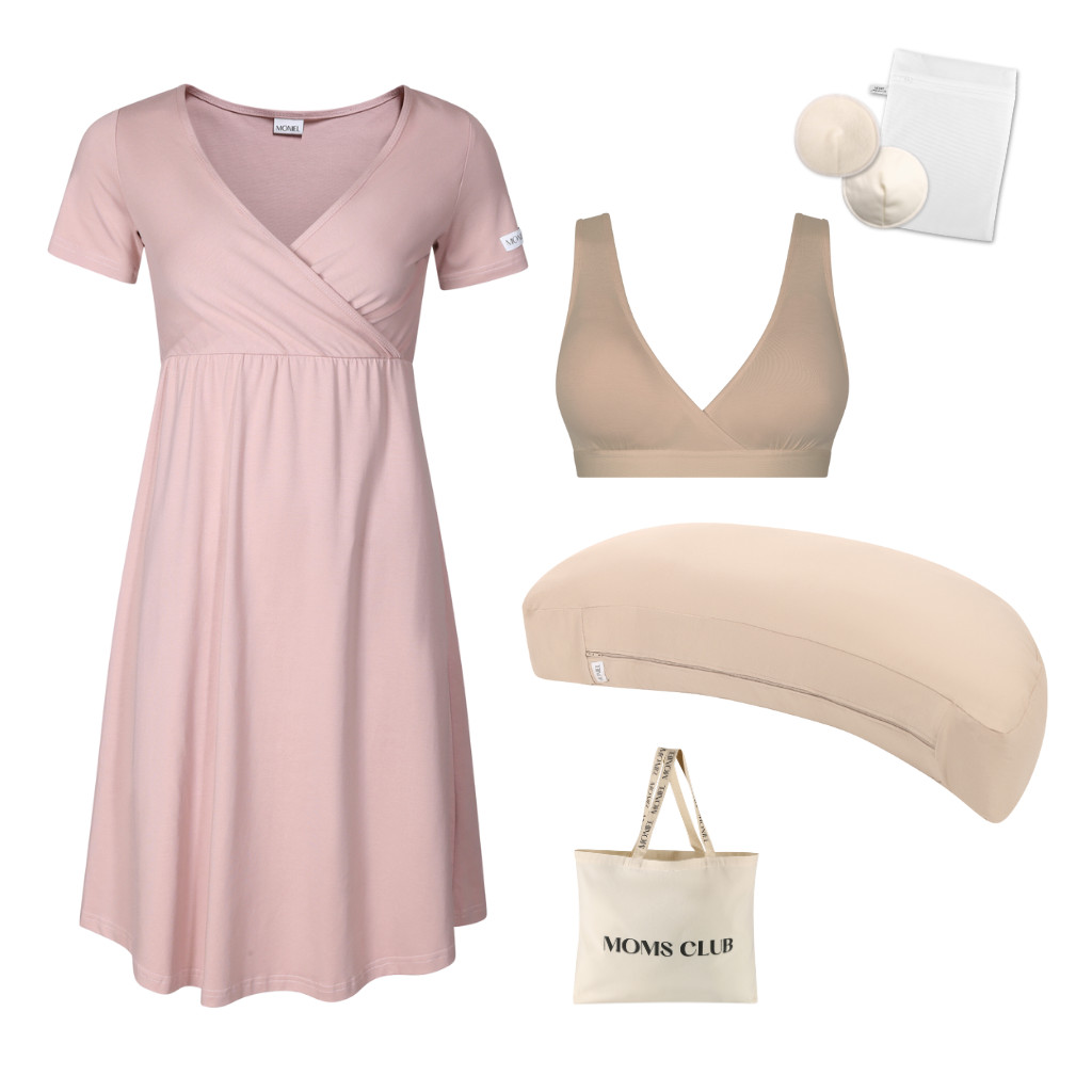 + dárek zdarma | Moniel Sada pro pohodlné začátky kojení Pastel růžová & Pastel béžová s podprsenkou Nuuma Nude, oblečení vel. L