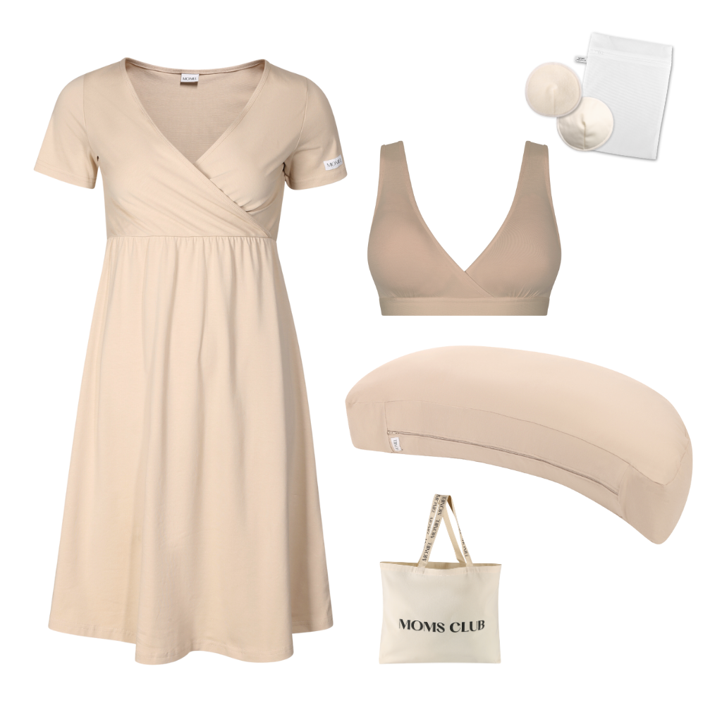 + dárek zdarma | Moniel Sada pro pohodlné začátky kojení Pastel béžová s podprsenkou Nuuma Nude, oblečení vel. L