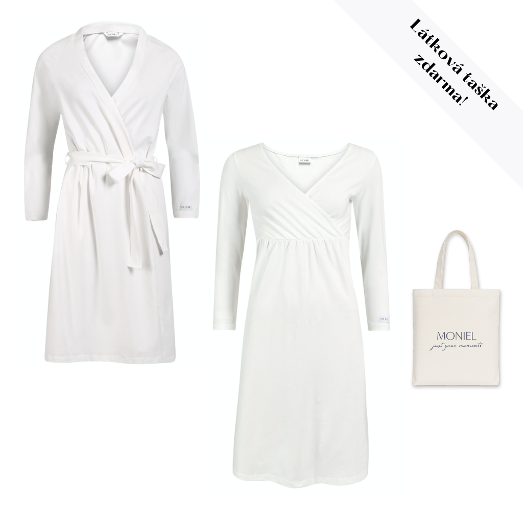 + dárek zdarma | Moniel košilka s dlouhým rukávem + župan souprava do porodnice pro maminku White bílá košilka vel. XXL