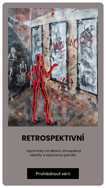 Portrét postavy v červeném před šedou zdí, motiv retrospektivní série – vzpomínky na dětství, introspekce a rezonance paměti. Originál Monika Mejzlíková.