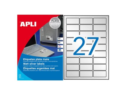 Etikety polyesterové 63,5x29,6mm APLI A4 20 hárkov strieborné