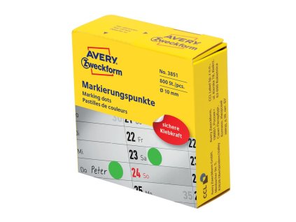 Etikety kruhové 10mm Avery zelené v dispenzore