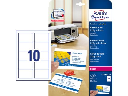 Vizitky, 85x54mm, Avery, A4, saténová úprava ultra biele, 220g