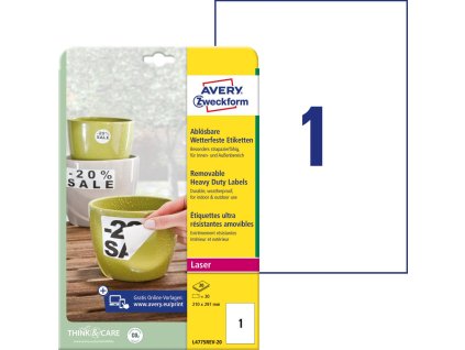 Etikety polyesterové veľmi odolné 210x297mm Avery A4 biele odnímateľné 20 hárkov