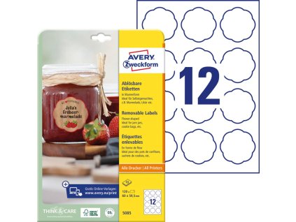 Etikety v tvare kvetu 60x59,5mm Avery 10 hárkov biele