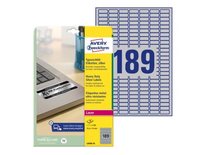 Etikety polyesterové veľmi odolné 25,4x10mm Avery A4 strieborné 20 hárkov