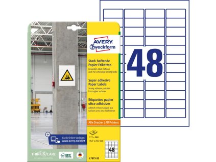 Etikety univerzálne 45,7x21,2mm Avery A4, silne lepivé 20 hárkov