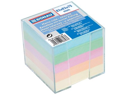 Poznámkový bloček kocka nelepená, 83x83x75 mm, pastelové farby, číra krabička