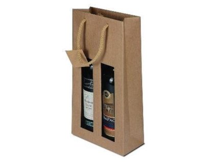 Papierová taška na víno s okienkom hnedá na 2 fľaše, bavlnené ušká (1ks)