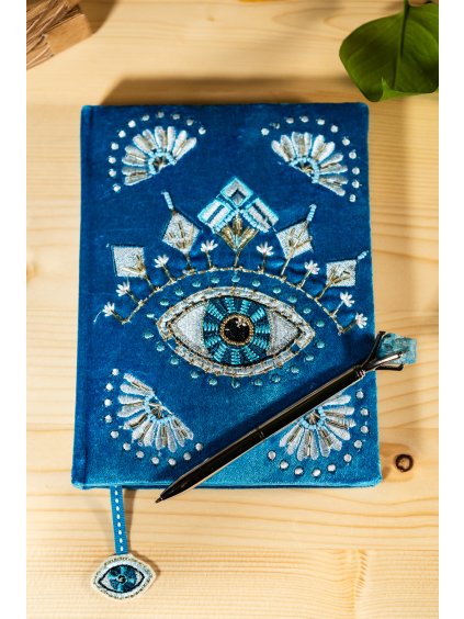Zamatový Diár - Hlboká Modrá s Ochranou Oka