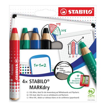 stabilo markdry popisovace na tabulu so struhadlom a utierkou