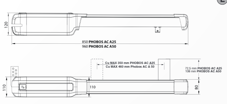 Rozměry pohonu BFT Phobos AC A25