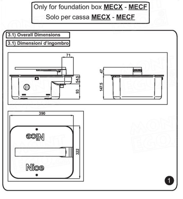 Rozměrové schéma krabice Nice MECF / MECX pro podzemní pohony brány