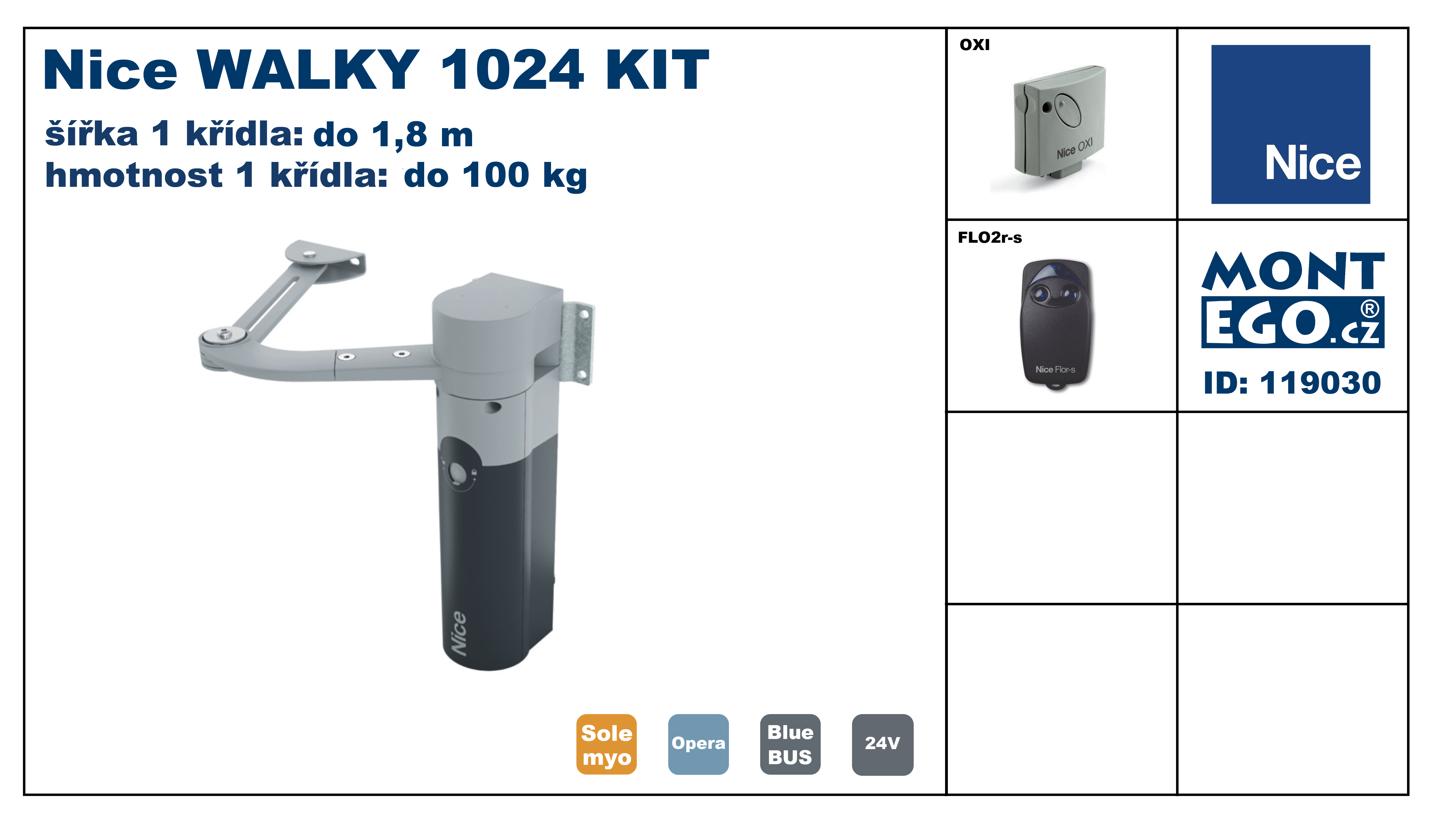 Nice WALKY 1024 KIT set s pákovým pohonem 1-křídlové branky do 1,80 m, pro úzké sloupky, na dálkové ovládání