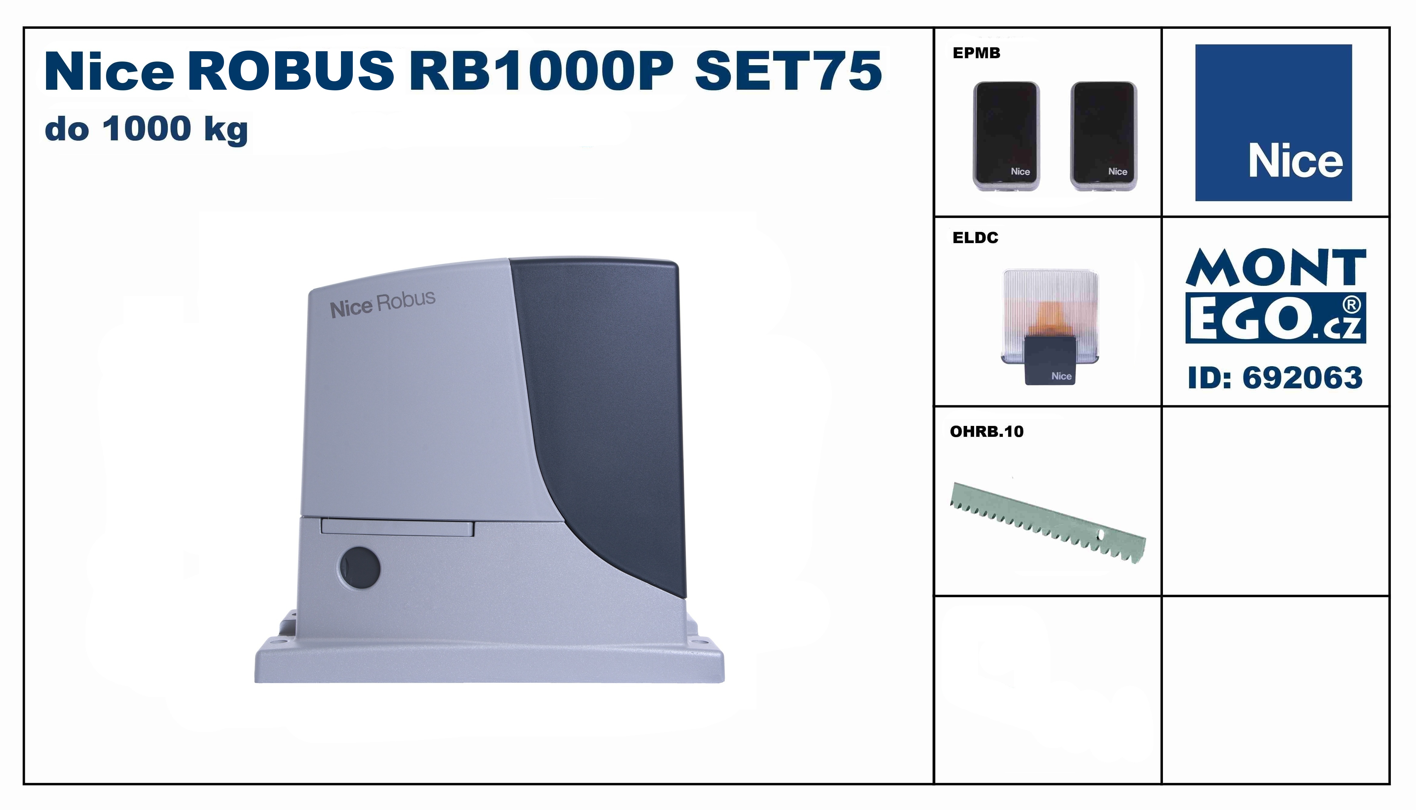 RB1000P SET75 sada pohonu posuvné brány Nice Robus 1000P s hřebeny do 7.50 m bez dálkového ovládání