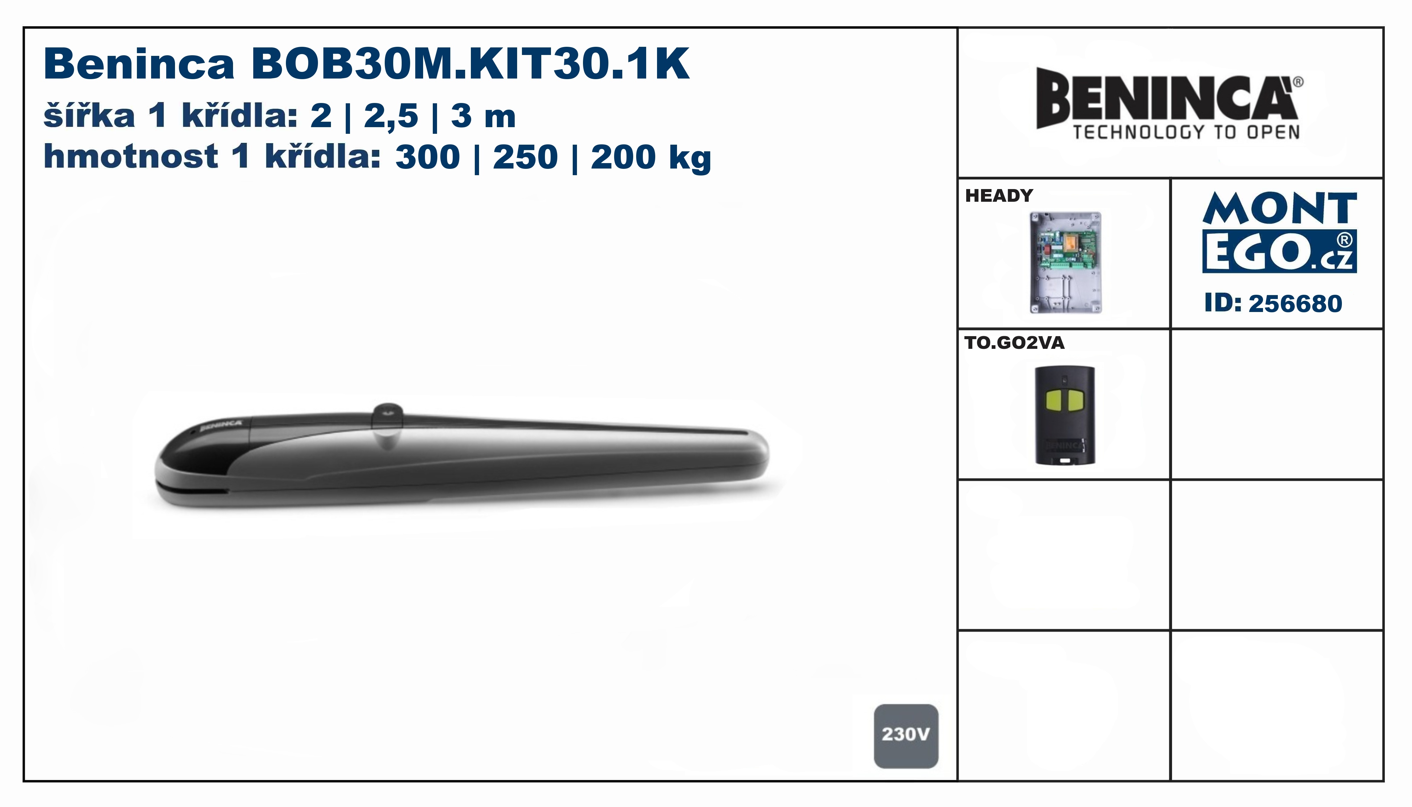 Beninca BOB30M.KIT30.1K pohony jednokřídlých bran do 3m průjezdu, 230V