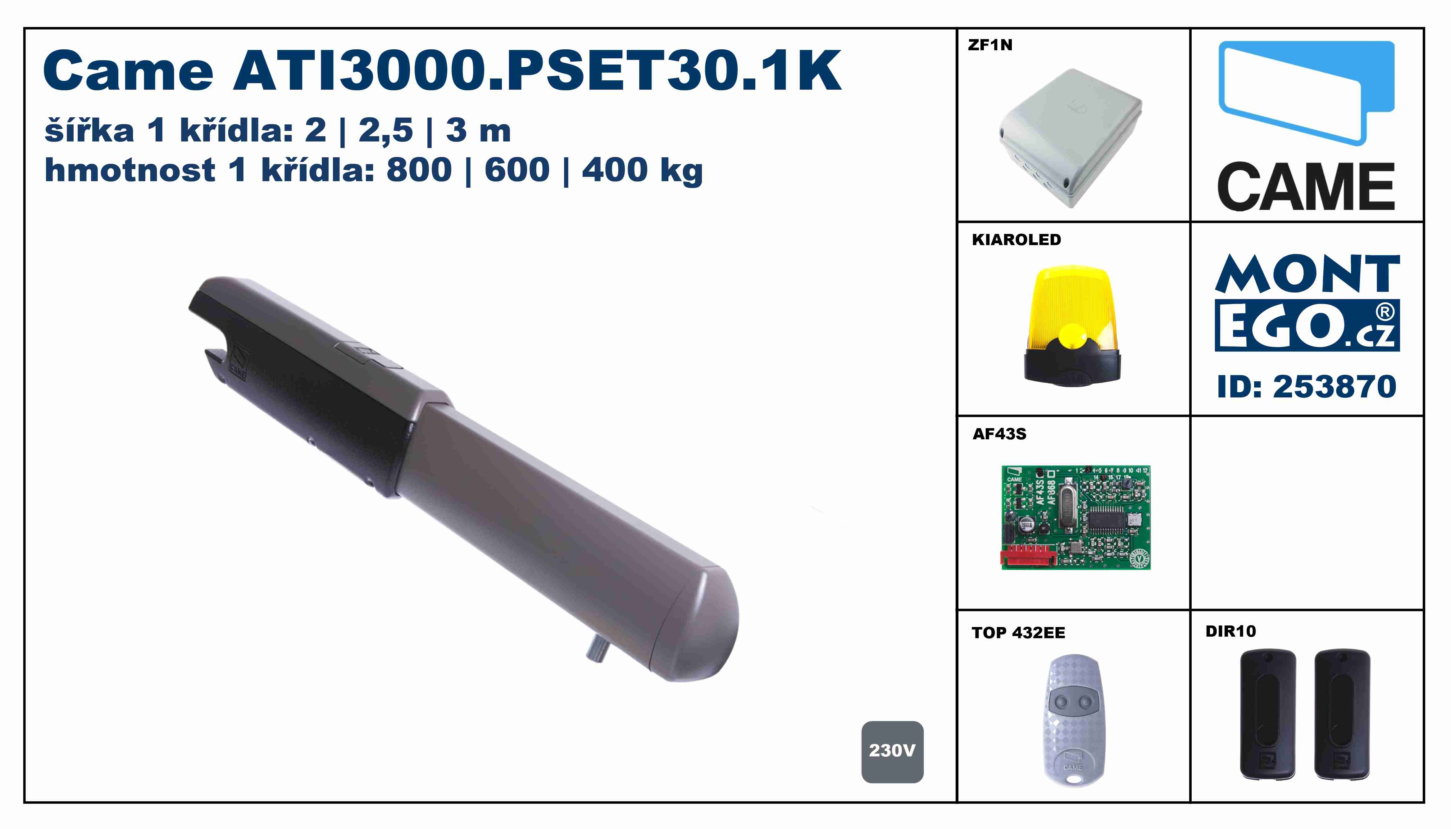 Came ATI3000.PSET30.1K plná sada pohonu pro 1-křídlovou bránu do 3m průjezdu, 230V