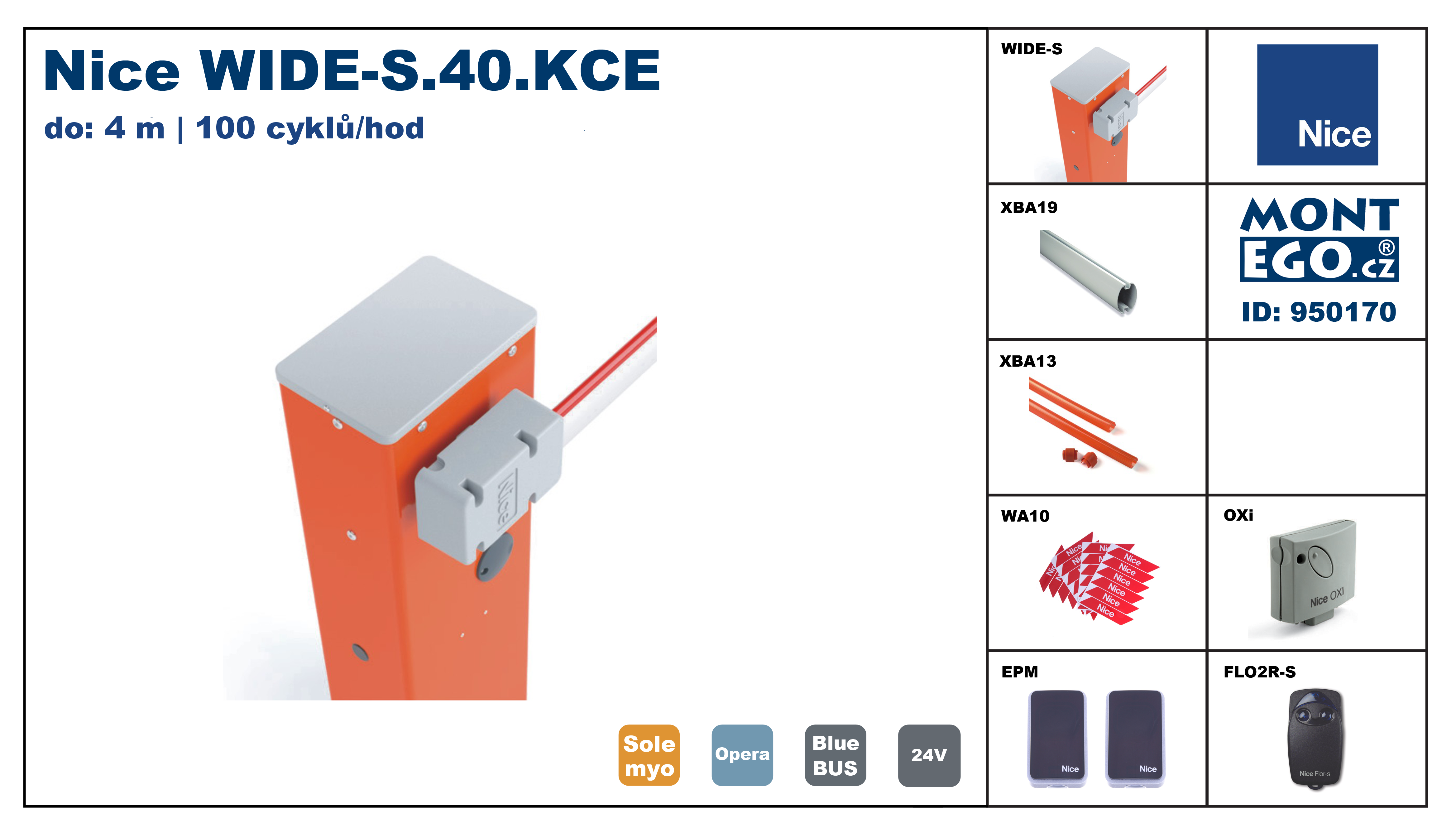 Nice WIDE-S.40.KCE levná automatická závora do 4 m vjezdů na dálkové ovládání