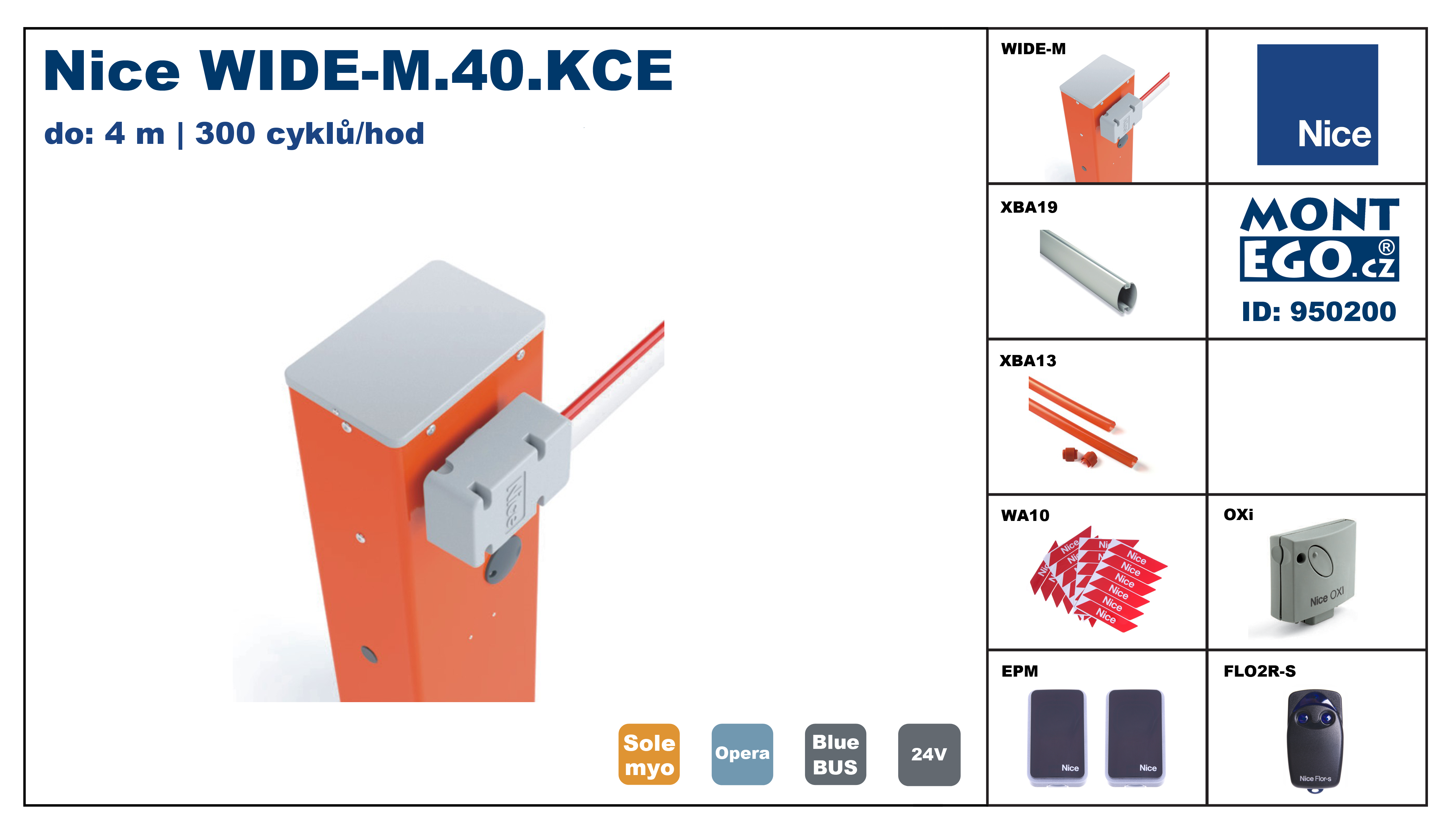 Nice WIDE-M.40.KCE levná a rychlá parkovací závora do 4 m vjezdů na dálkové ovládání