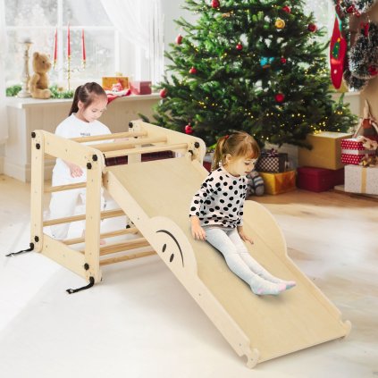 Montessori polohovatelný Piklerové trojúhelník s lezecí deskou a houpačkou Natural 01