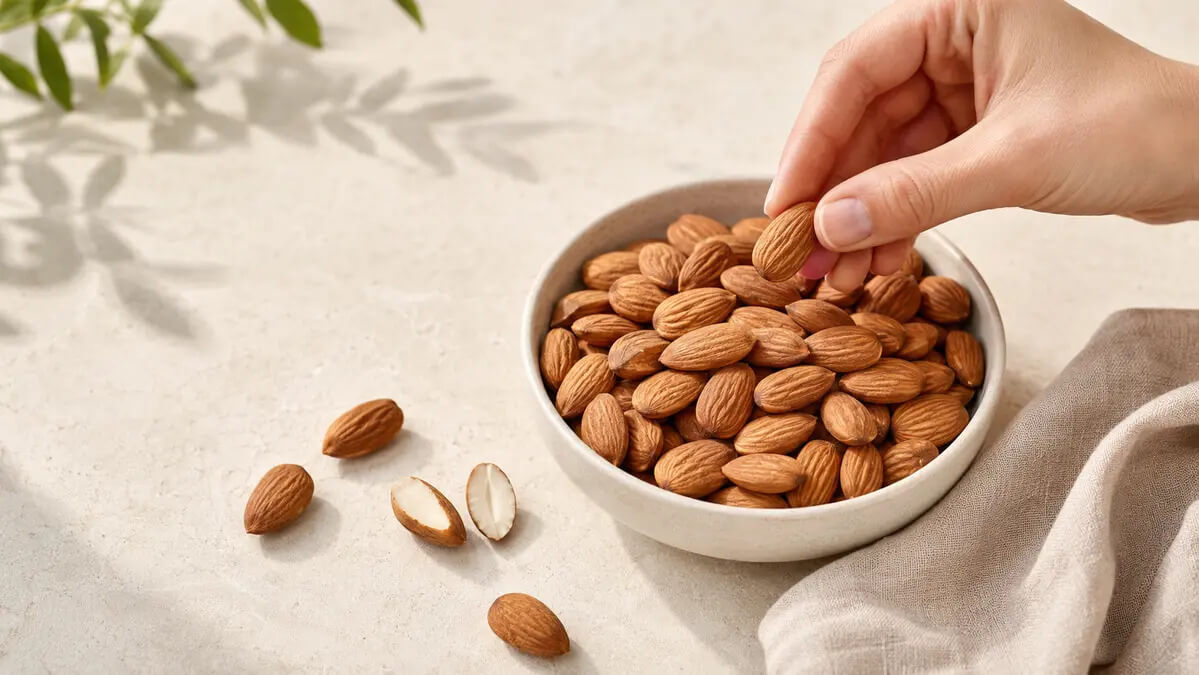 Kvalitní natural mandle v keramické misce při kontrole vzhledu a čerstvosti