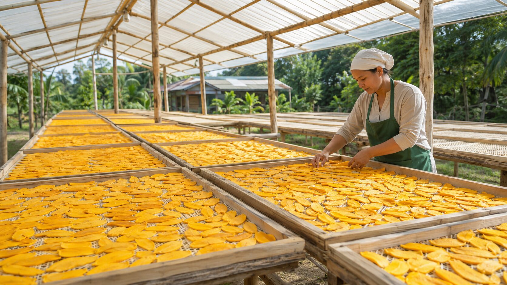 Nakrájené mango rozložené na vyvýšených sítech v chráněné solární sušárně
