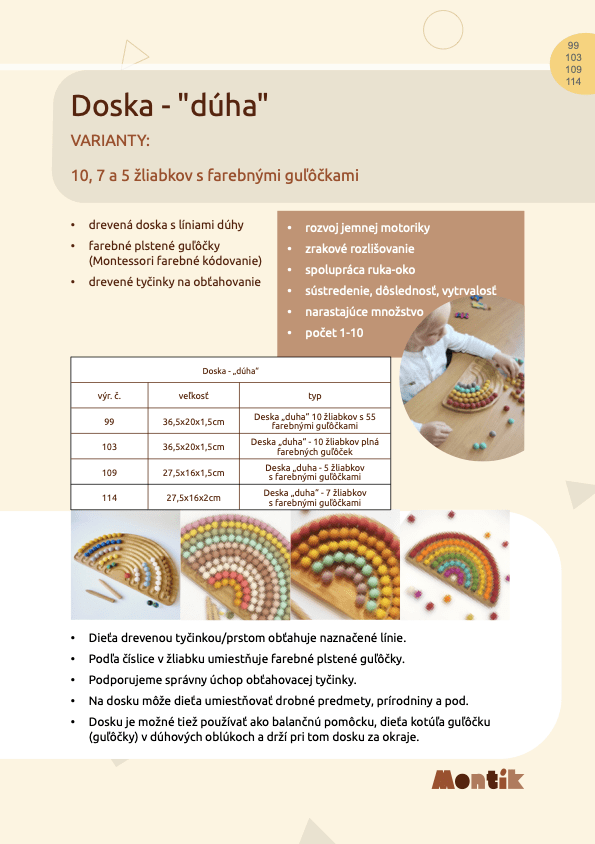 Metodika Threewood - Doska - "dúha" - 10 žliabkov plná pastelových guličiek