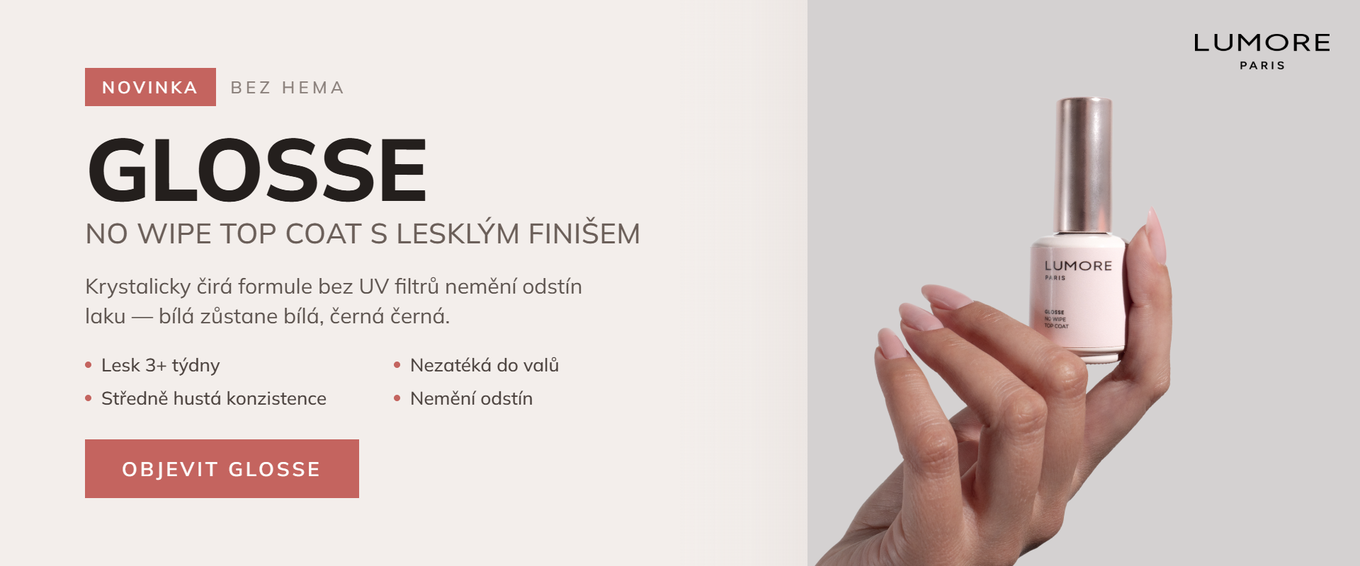 Závěrečný gel na nehty Glosse Top Coat Lumore, 15 ml