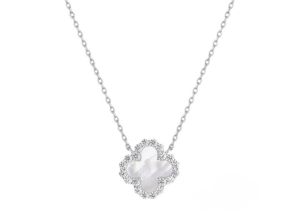 Stříbrný náhrdelník čtyřlístek s perletí a zirkony