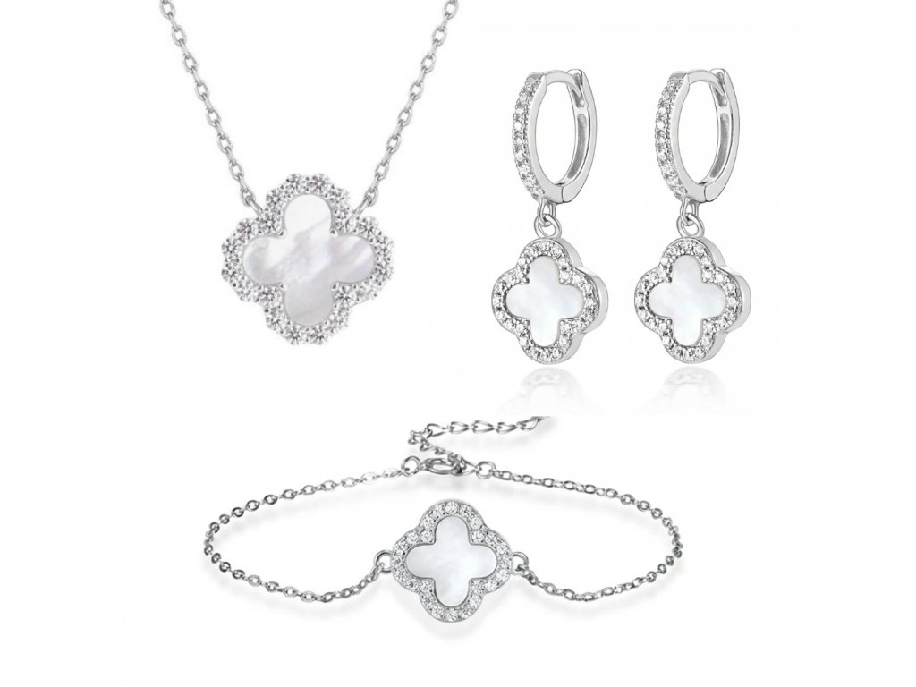 Stříbrná sada šperků čtyřlístek s perletí a zirkony, visací náušnice