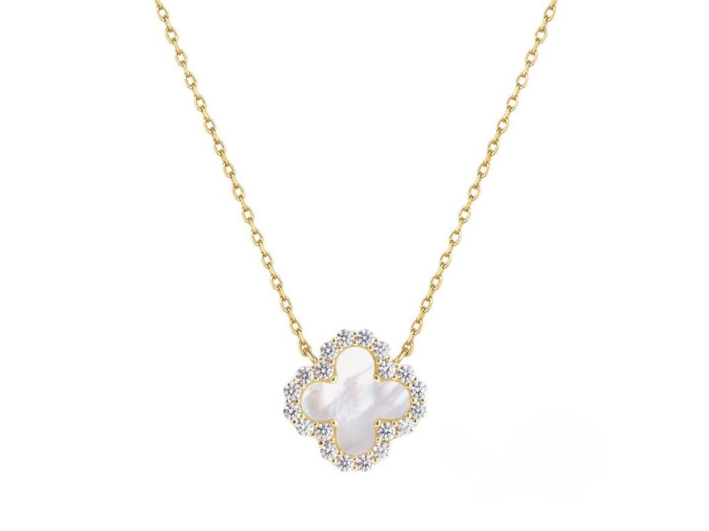 Stříbrný náhrdelník čtyřlístek s perletí a zirkony pozlacený