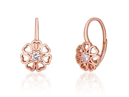 Dětské stříbrné náušnice kytička ze srdíček se zirkonem pozlacené rose