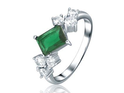 Stříbrný prsten se zeleným kamenem a čirými zirkony