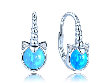 Dětské stříbrné náušnice s růžovým opálem a motivem jednorožce